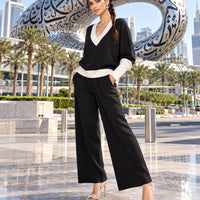 Casual Multicolor Loose Sets V Neck Sweater Solid Wide Legs Long Pants Women Knitwear Thick 2pc Suits Natalia Home Fashion    Natalia Home Fashion