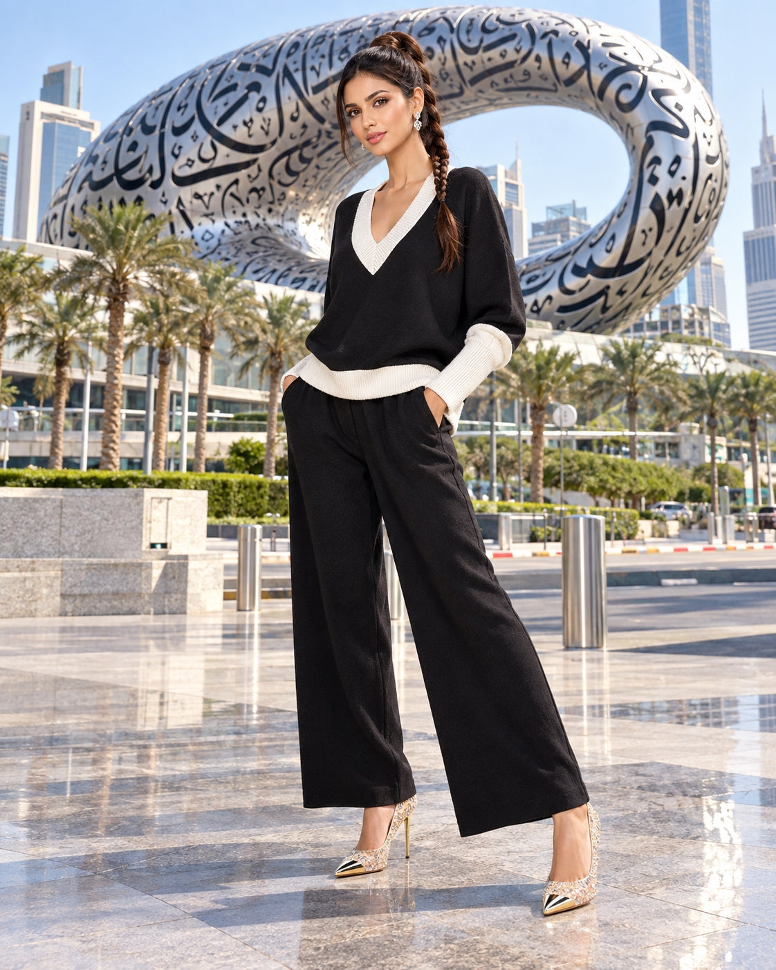 Casual Multicolor Loose Sets V Neck Sweater Solid Wide Legs Long Pants Women Knitwear Thick 2pc Suits Natalia Home Fashion    Natalia Home Fashion