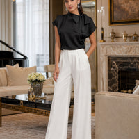 Women's Satin Short-Sleeve Blouse with Tie Collar Large Bow