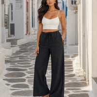 Women Cotton Linen Pants Solid Color Elastic Loose Drawstring Wide-Leg High Waist Trousers Female Stretch Straight Casual Pants