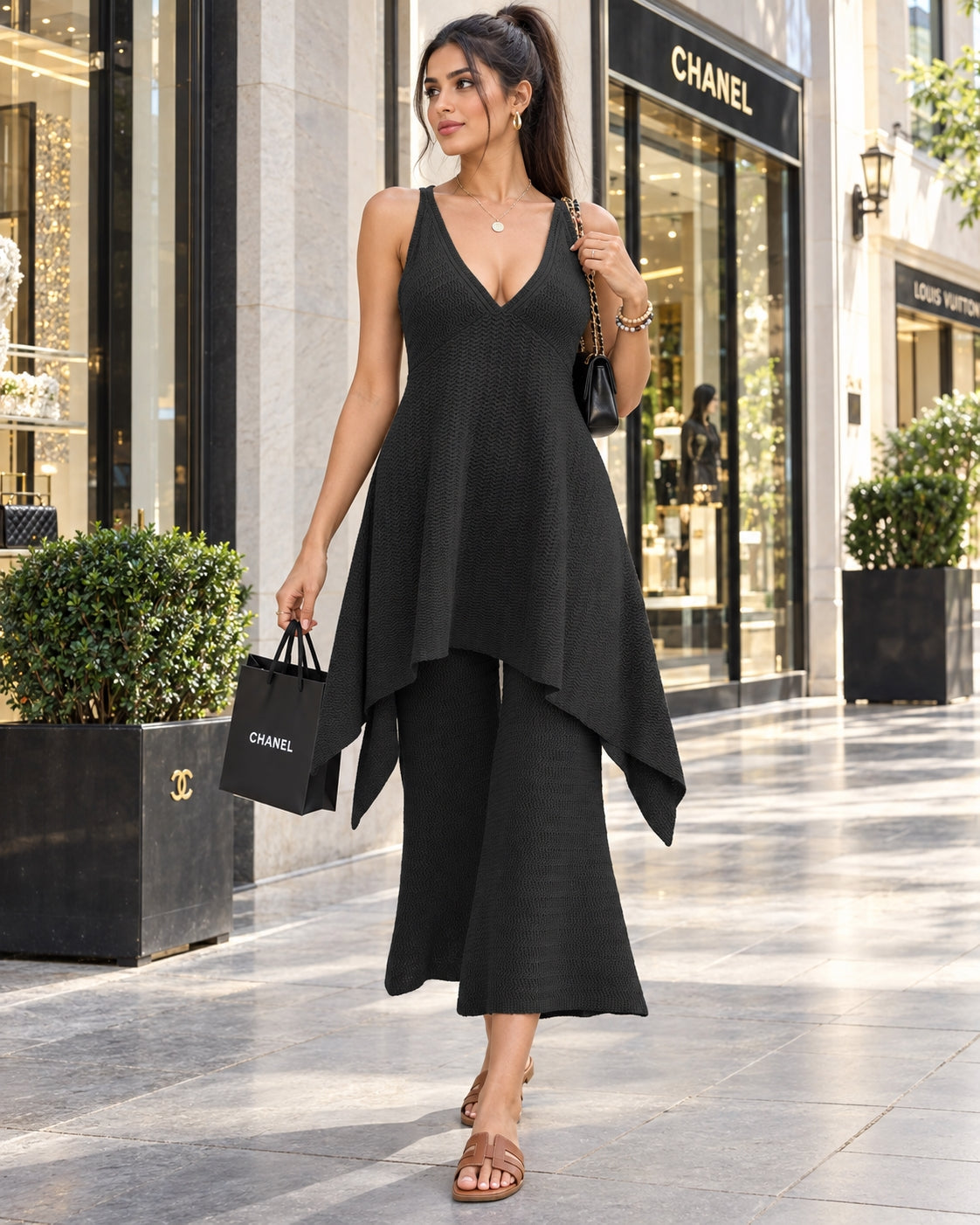 Casual Pants Ensemble Femmes Sleeveless Top Wide Leg Trousers Women's Matching Sets Long Pants Knit Pants 2 Piece Set Natalia Home Fashion    Natalia Home Fashion