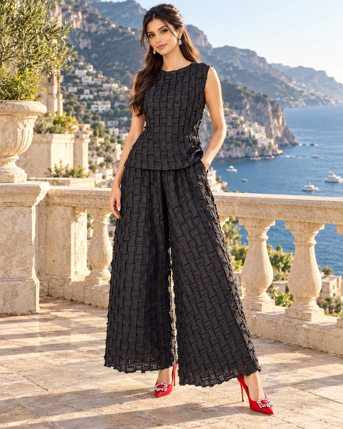 Handmade Pleated Set Women Summer New Sleeveless Vest Top Flared Pants Comfortable Casual Loose Large Size with Stretchy Natalia Home Fashion    Natalia Home Fashion