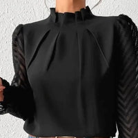 Elegant Blouse White Women's Shirt  Half High Neck Spliced Wave Pattern Chiffon Long sleeved Top