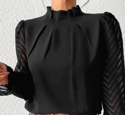 Elegant Blouse White Women's Shirt  Half High Neck Spliced Wave Pattern Chiffon Long sleeved Top