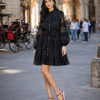 Elegant Hollow Out Organza Long Maxi Dresses Shirt Women  Layer Ruffle Full Sleeve Pearl Evening Party Dress