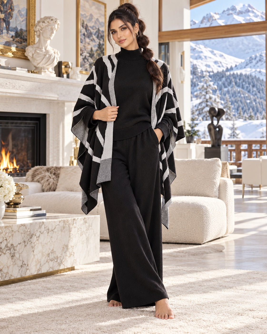 Casual Suit Women's Temperament Lazy Wind Knitted Sweater Shawl Cape Wide-leg Pants Three-piece Set Natalia Home Fashion    Natalia Home Fashion