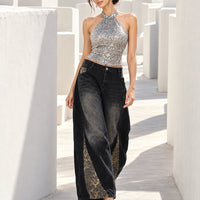 Retro Leopard Print Patchwork Baggy Jeans Women High Waist Wide Leg Washed Denim Pants Trousers Natalia Home Fashion    Natalia Home Fashion