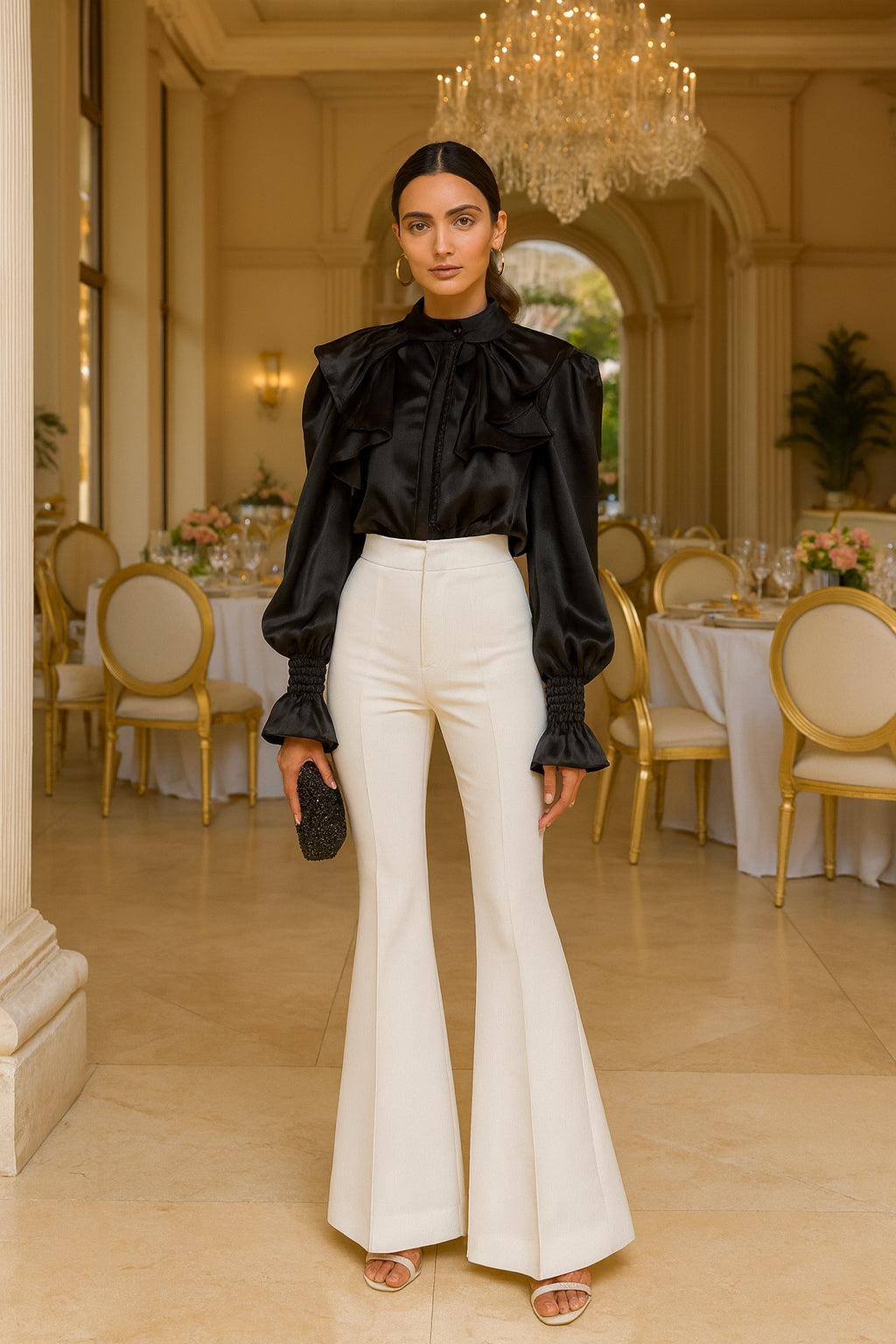 Luxury Ruffle Flared Sleeves Blouse Shirts Women  Retro Blouse Stand Collar French Design Chic Loose Top