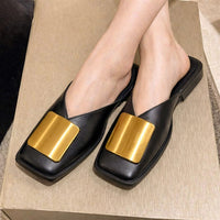 Women Slippers Brand Designer Fashion Metal Buckle Flat Heels Square Toe Shallow Shoes for Women Outdoor Slide Female Casual - Natalia Home Fashion
