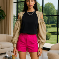 Contrast Color Tops Women Loose Casual Long Sleeve O Neck Off Shoulder Preppy All Match shirts