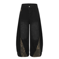 Retro Leopard Print Patchwork Baggy Jeans Women High Waist Wide Leg Washed Denim Pants Trousers Natalia Home Fashion    Natalia Home Fashion