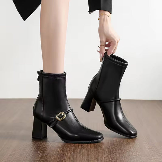 Thick Heel Elastic Slim Women Ankle Boots Fashion Square Toe Autumn Winter Ladies Elegant Mordern Short Booties Natalia Home Fashion    Natalia Home Fashion