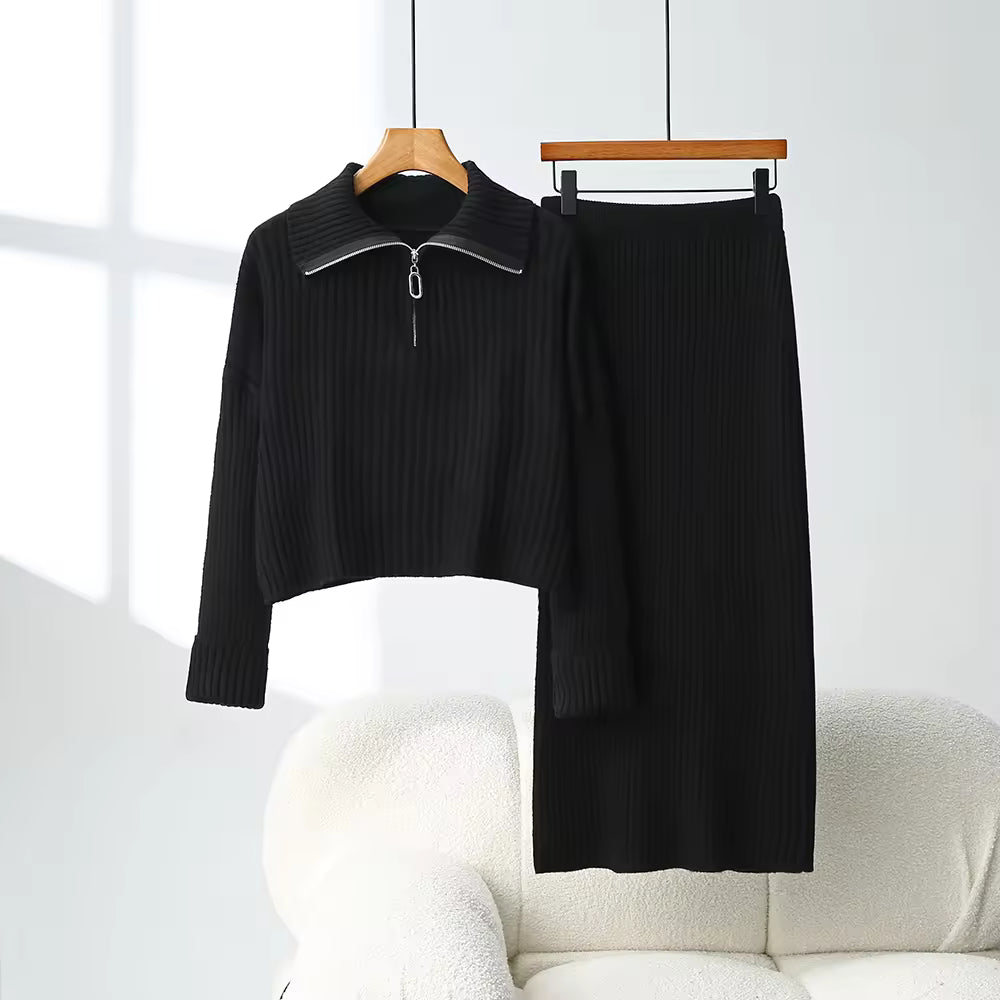 Loose Knitted Sweater Set Casual Fashion Artistic Vintage Style Half-Zip Collared Knitwear Two-Piece Set Natalia Home Fashion    Natalia Home Fashion