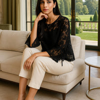 Round Neck Lace Shirt Women's Summer Floral Print Tie Dotted Cotton Blend Full Sleeve Slim Fit Button up Top