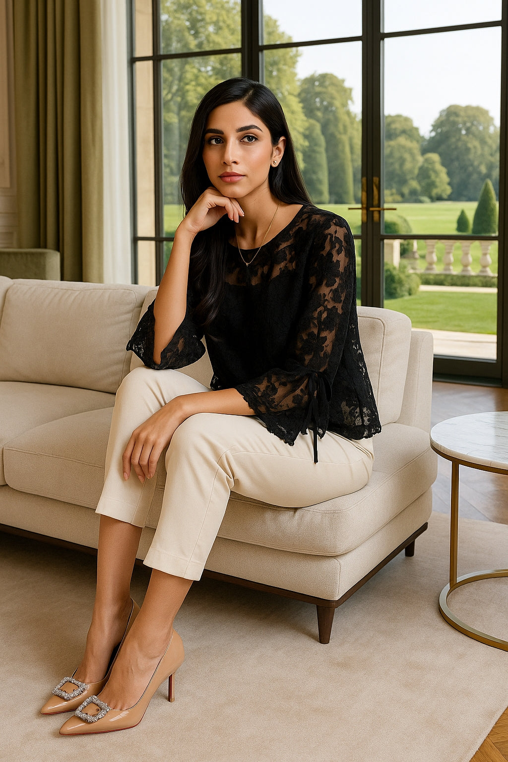 Round Neck Lace Shirt Women's Summer Floral Print Tie Dotted Cotton Blend Full Sleeve Slim Fit Button up Top