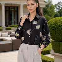Women's Blouse Long Sleeve Rose Printed Fashionable Chiffon Shirt Long Sleeve Top Natalia Home Fashion    Natalia Home Fashion