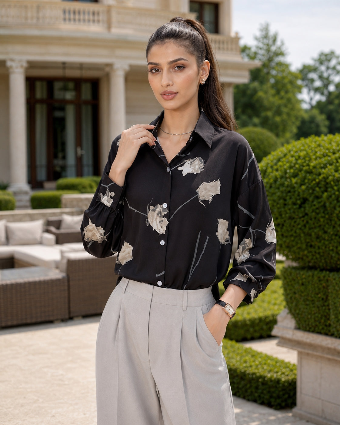 Women's Blouse Long Sleeve Rose Printed Fashionable Chiffon Shirt Long Sleeve Top Natalia Home Fashion    Natalia Home Fashion