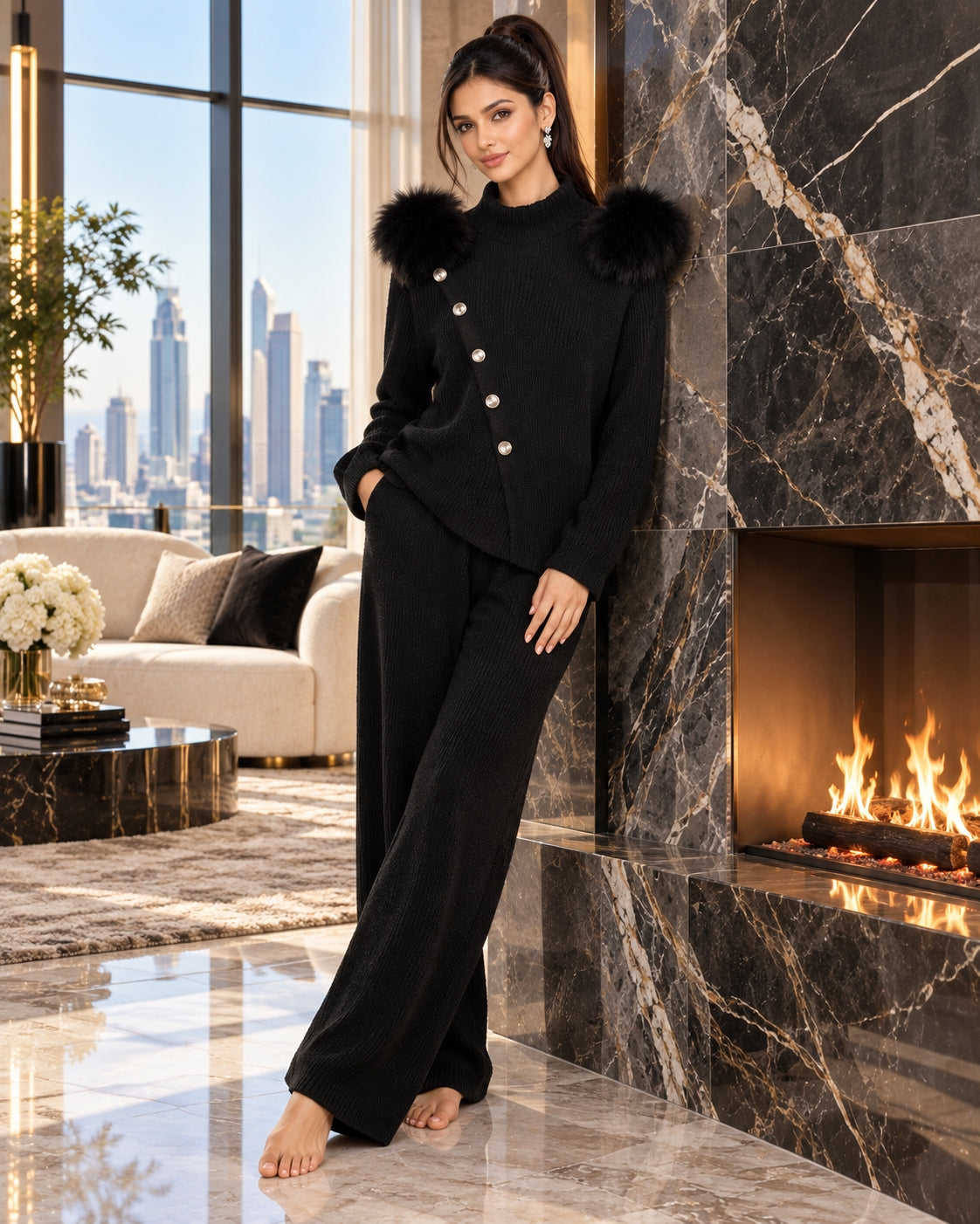 Casual Knitted Half-High Collar Sweater And Pants Set Real Fox Shoulder Patches  Style Comfortable Lazy Style Natalia Home Fashion    Natalia Home Fashion