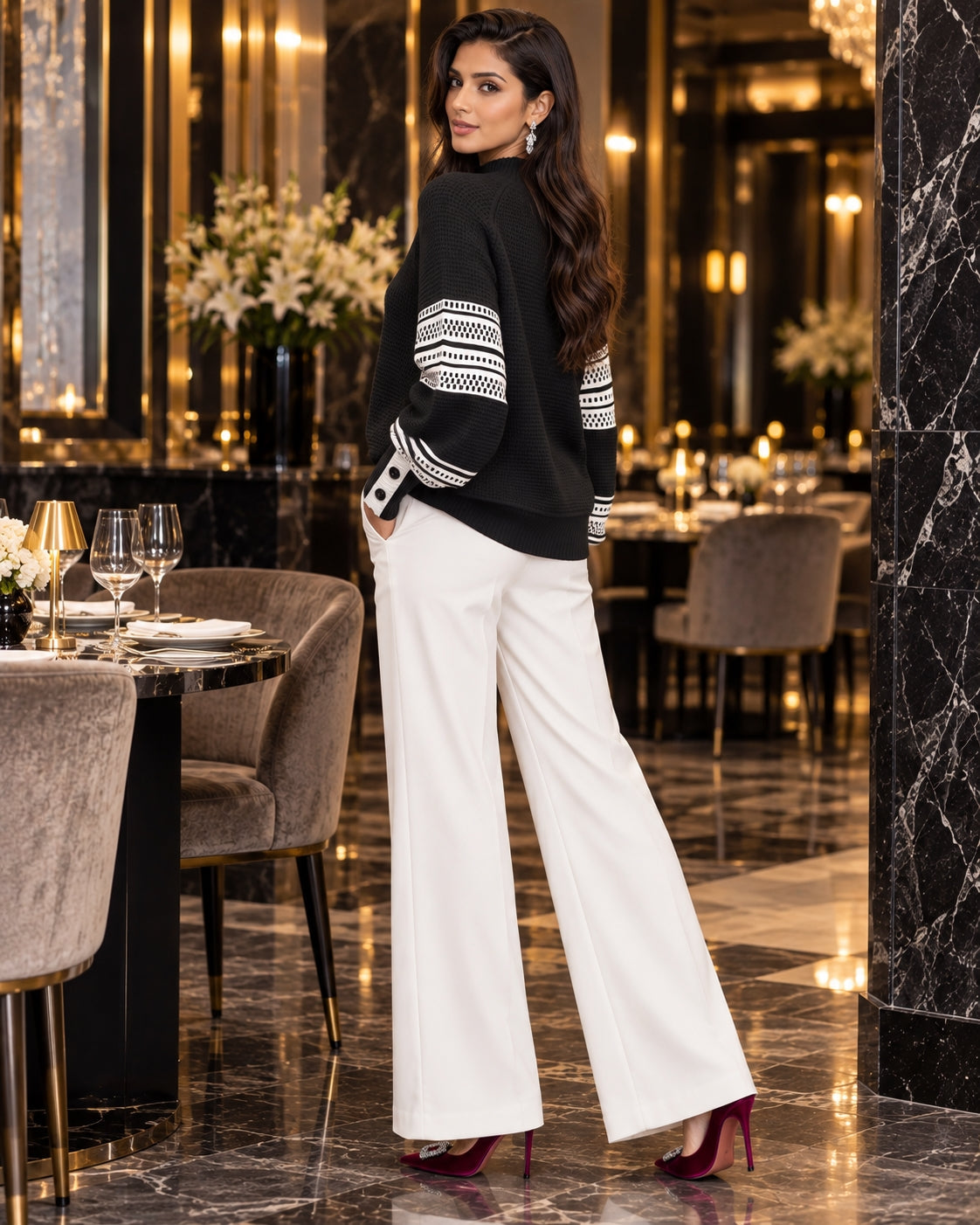 Women Mock Neck Knit Sweater Color Block Geometric Pattern Raglan Long Sleeve Button Cuff Loose Fall Winter Pullover Jumper Natalia Home Fashion    Natalia Home Fashion