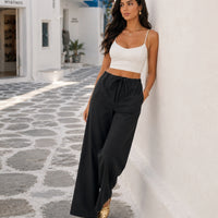 Women Cotton Linen Pants Solid Color Elastic Loose Drawstring Wide-Leg High Waist Trousers Female Stretch Straight Casual Pants