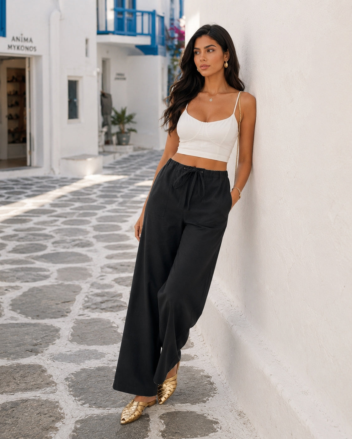 Women Cotton Linen Pants Solid Color Elastic Loose Drawstring Wide-Leg High Waist Trousers Female Stretch Straight Casual Pants