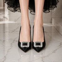 Elegant Retro Pointed Toe High Heels Thin Heel Women's Shoes Comfortable Diamond Embellished Low Cut Fashionable Footwear