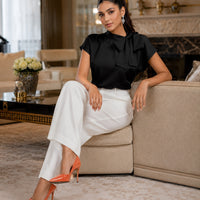 Women's Satin Short-Sleeve Blouse with Tie Collar Large Bow