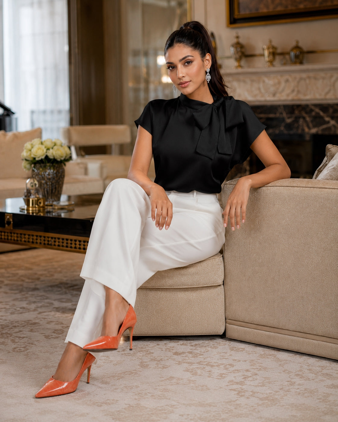 Women's Satin Short-Sleeve Blouse with Tie Collar Large Bow