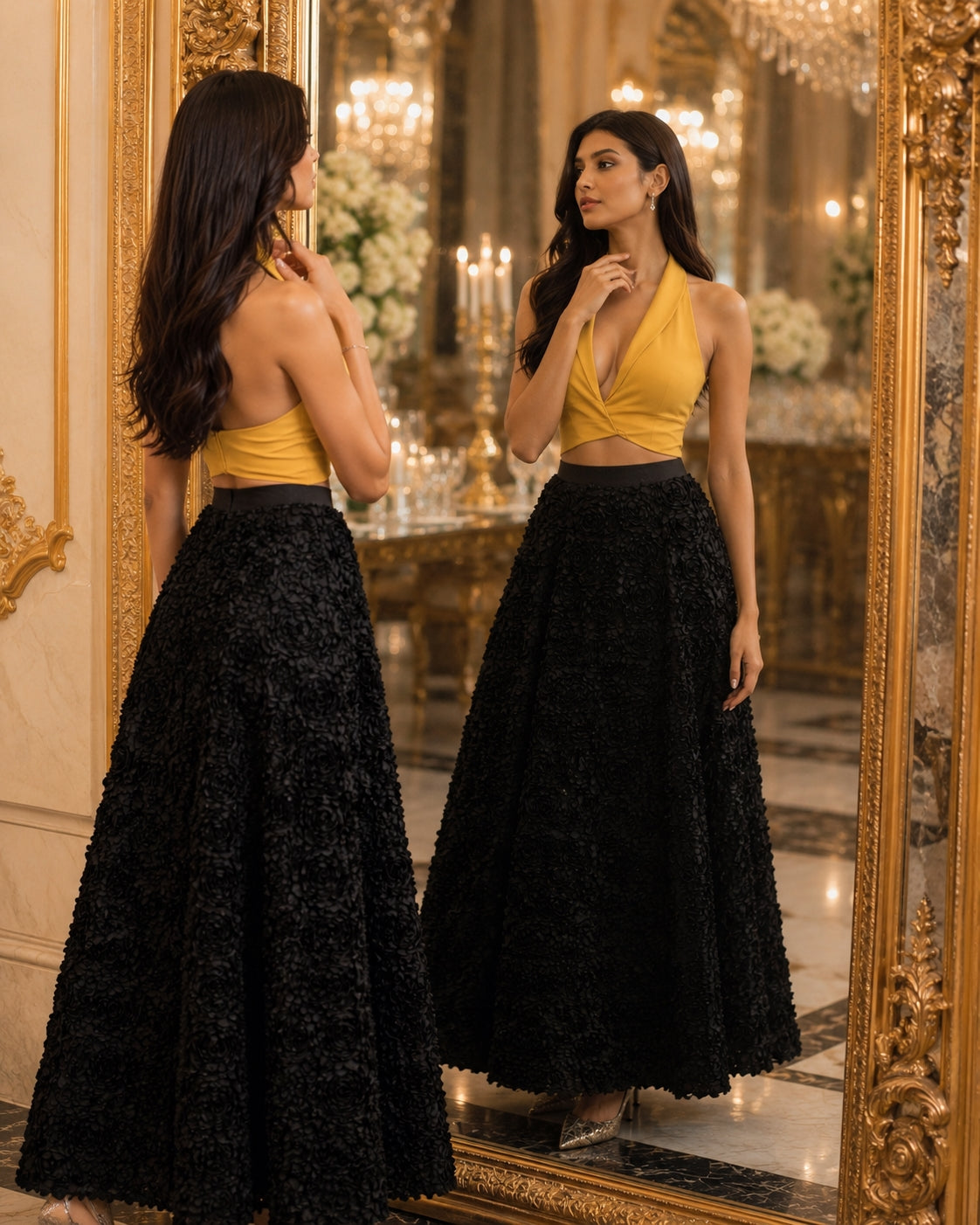 Light Luxury Evening Skirt  Women's Slim Fit Loose Warm Embroidered Petal Side Split Design Casual Skirt