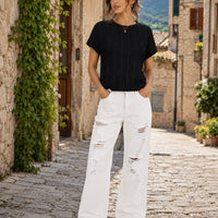 Women's Casual Round Neck Jacquard Short Sleeve Top T-shirt Leisure Commute Women Clothing