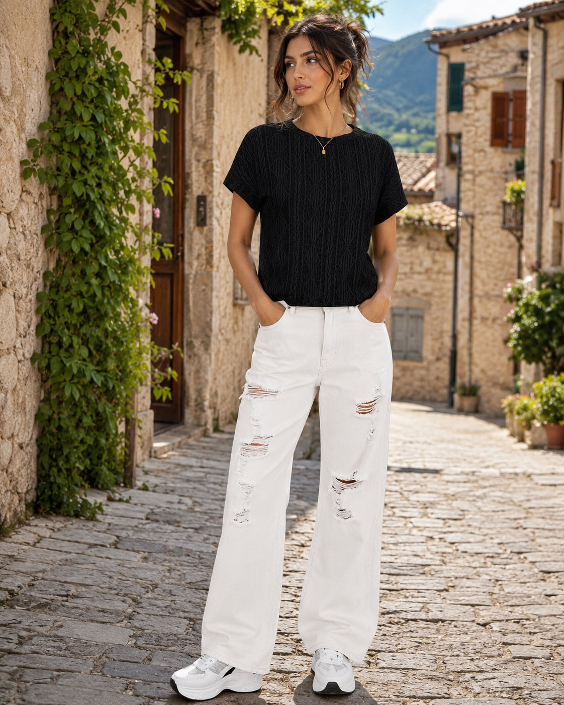 Women's Casual Round Neck Jacquard Short Sleeve Top T-shirt Leisure Commute Women Clothing