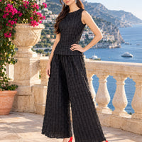 Handmade Pleated Set Women Summer New Sleeveless Vest Top Flared Pants Comfortable Casual Loose Large Size with Stretchy Natalia Home Fashion    Natalia Home Fashion