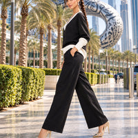 Casual Multicolor Loose Sets V Neck Sweater Solid Wide Legs Long Pants Women Knitwear Thick 2pc Suits Natalia Home Fashion    Natalia Home Fashion