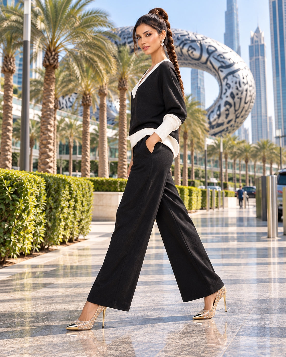 Casual Multicolor Loose Sets V Neck Sweater Solid Wide Legs Long Pants Women Knitwear Thick 2pc Suits Natalia Home Fashion    Natalia Home Fashion