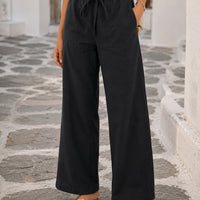 Women Cotton Linen Pants Solid Color Elastic Loose Drawstring Wide-Leg High Waist Trousers Female Stretch Straight Casual Pants