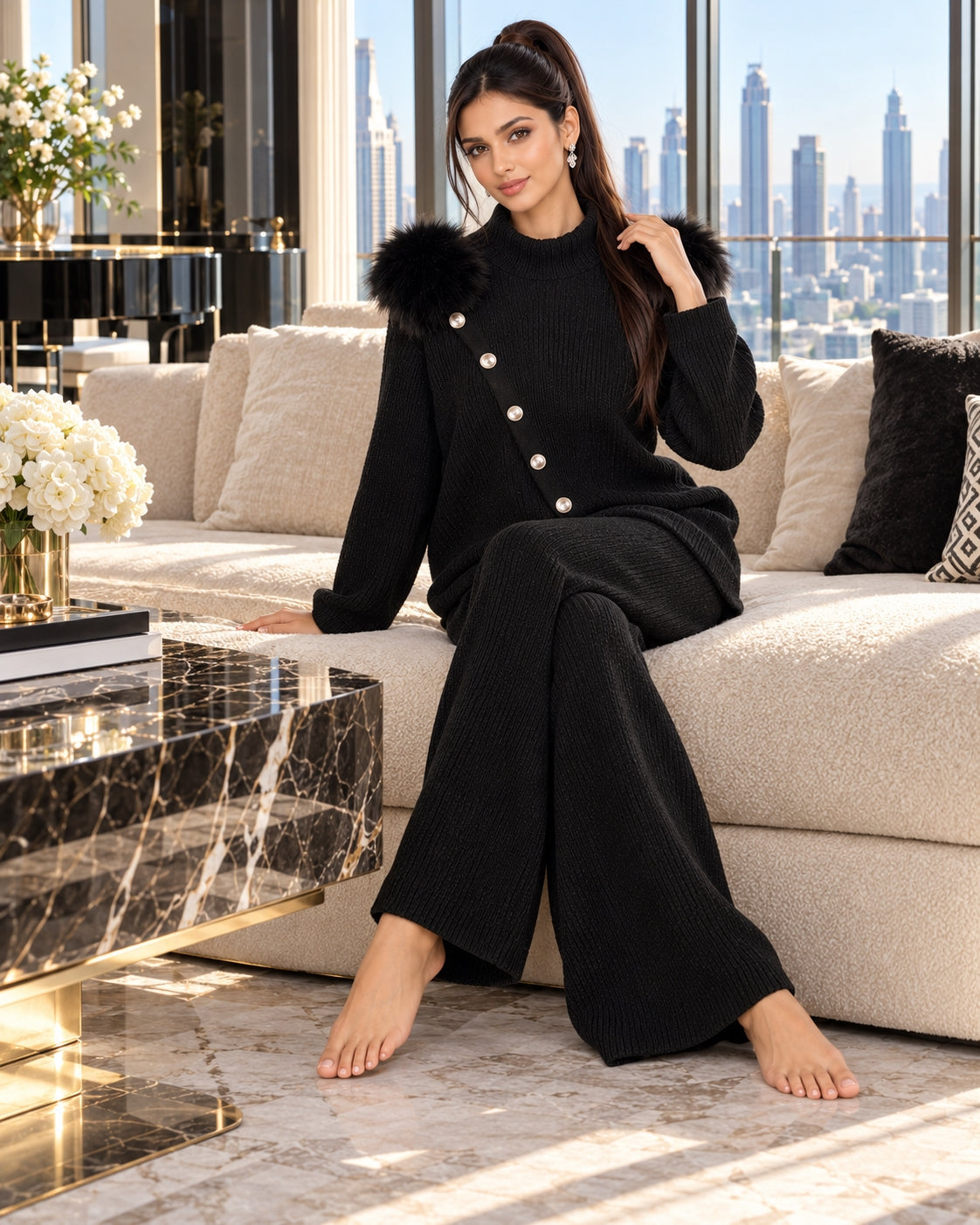 Casual Knitted Half-High Collar Sweater And Pants Set Real Fox Shoulder Patches  Style Comfortable Lazy Style Natalia Home Fashion    Natalia Home Fashion