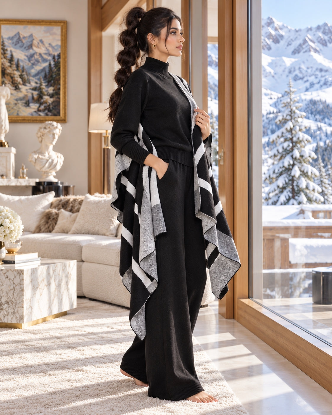 Casual Suit Women's Temperament Lazy Wind Knitted Sweater Shawl Cape Wide-leg Pants Three-piece Set Natalia Home Fashion    Natalia Home Fashion