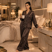 Striped Satin Pajamas Women Jacquard Loungewear Long Sleeve Trousers Two-Piece Set Solid Color Roll-Neck Cardigan Sleepwear