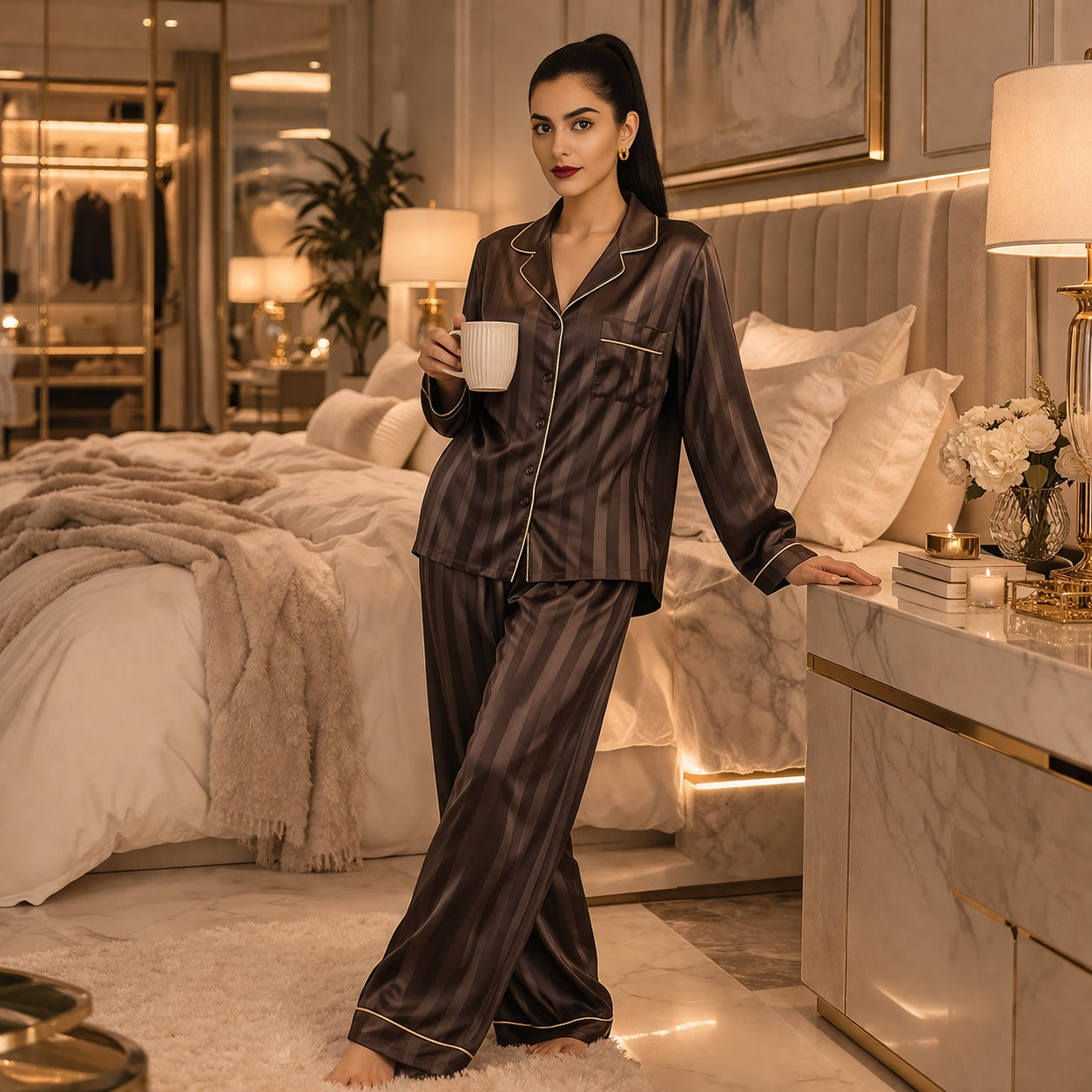 Striped Satin Pajamas Women Jacquard Loungewear Long Sleeve Trousers Two-Piece Set Solid Color Roll-Neck Cardigan Sleepwear