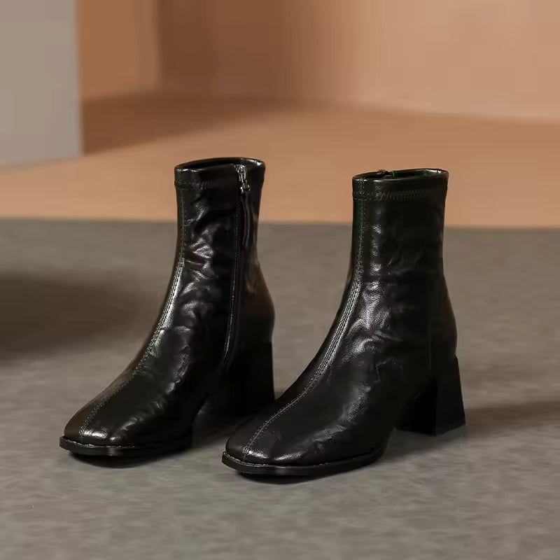 Woman Sheepskin Leather Shoes Spring Autumn Ankle Boots side Zip French Style Thick Heel Women's Short Boots