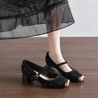 Retro Square Head Mary Jane Shoes Women Comfortable Slip-On High Heels Casual Velvet Upgraded Rubber Sole