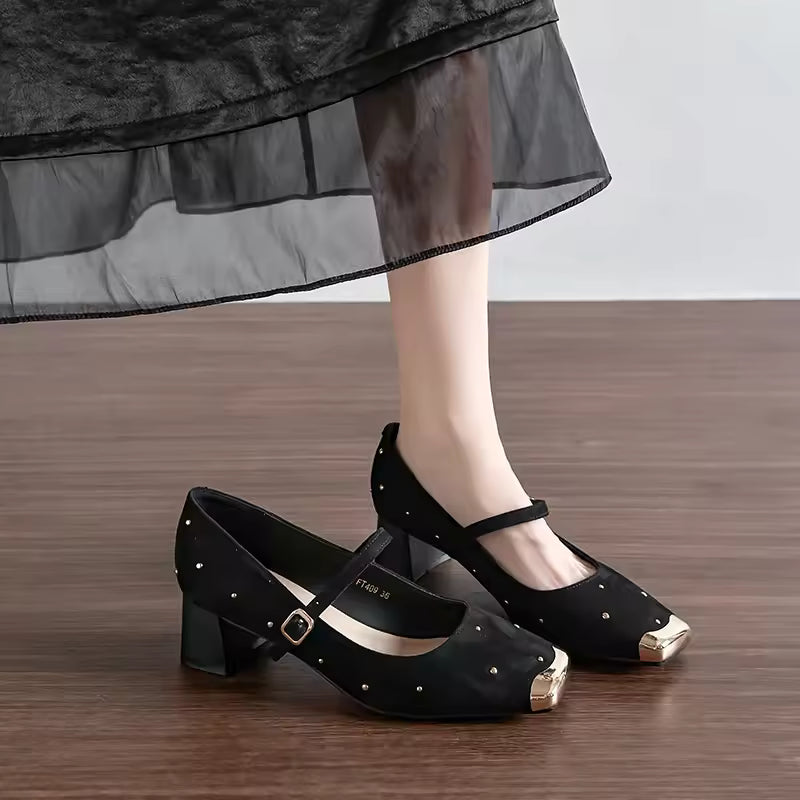 Retro Square Head Mary Jane Shoes Women Comfortable Slip-On High Heels Casual Velvet Upgraded Rubber Sole