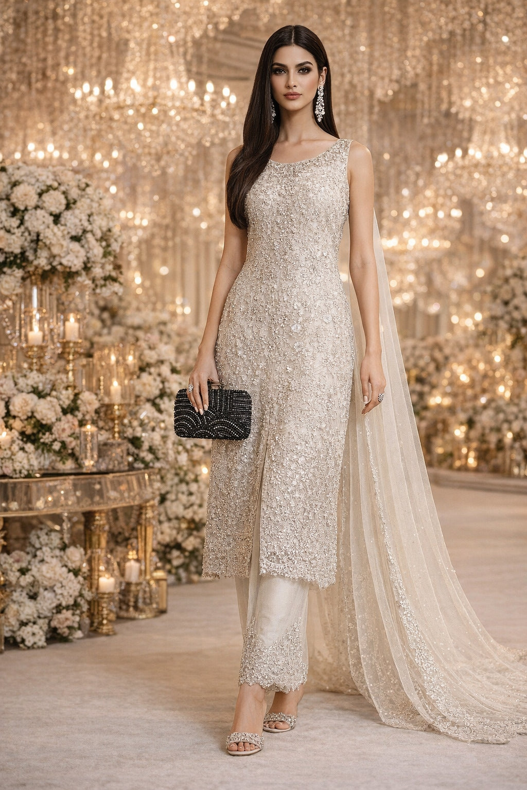 Ladies Pearl Elegant Evening Bag Fashionable Stylish Beading Wedding Dinner Party Banquet  Dress Clutch Bag with Long Chain