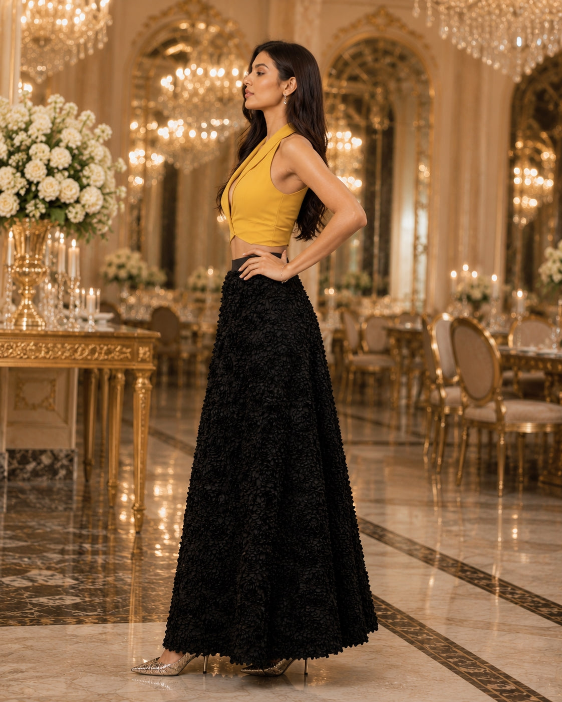 Light Luxury Evening Skirt  Women's Slim Fit Loose Warm Embroidered Petal Side Split Design Casual Skirt