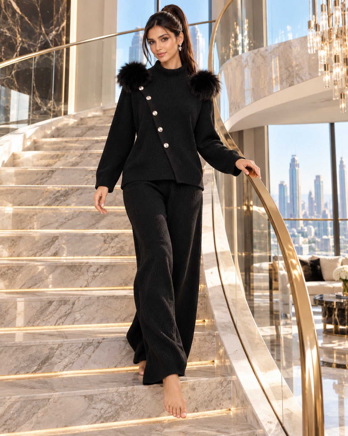 Casual Knitted Half-High Collar Sweater And Pants Set Real Fox Shoulder Patches  Style Comfortable Lazy Style Natalia Home Fashion    Natalia Home Fashion