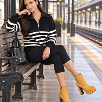 Ladies Striped Knit Sweater Half Zipper Wide Lapel Collar Loose Long Sleeve Pullover For Casual Daily Wear Natalia Home Fashion    Natalia Home Fashion
