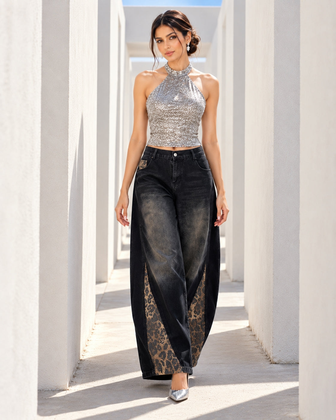 Retro Leopard Print Patchwork Baggy Jeans Women High Waist Wide Leg Washed Denim Pants Trousers Natalia Home Fashion    Natalia Home Fashion