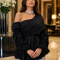 Women's Asymmetric Off-Shoulder Crop-Top Irregular Bow-Waist Puff-Sleeve Party Evening Top