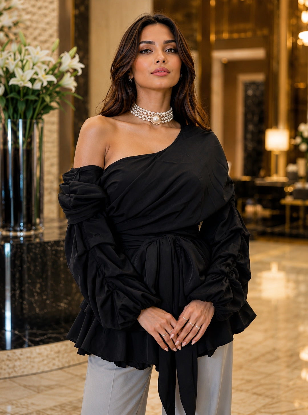 Women's Asymmetric Off-Shoulder Crop-Top Irregular Bow-Waist Puff-Sleeve Party Evening Top