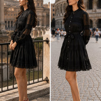 Elegant Hollow Out Organza Long Maxi Dresses Shirt Women  Layer Ruffle Full Sleeve Pearl Evening Party Dress